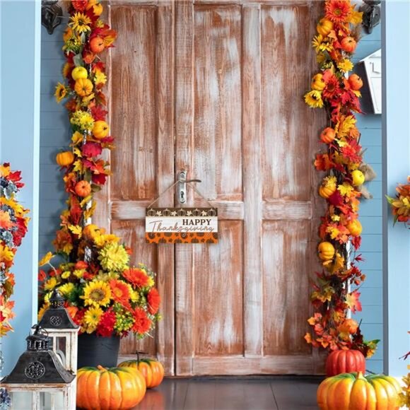 Maple Leaf Pumpkin Fall Happy Thanksgiving Hanging Sign Wooden Home Decor - Picture 4 of 6